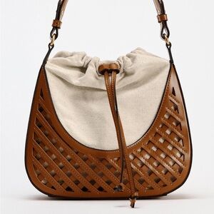 Canvas Drawstring Hobo Bag with Tan Leather Lattice canvas linen leather Medium